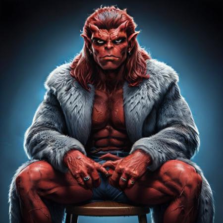 gargoyles_comic, red skin sitting on a chair, furcoat, evang, detailed face, detailed hair