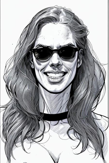The color art style should reflect Frank Miller's graphic novel style: a dynamic graphic novel style, reminiscent of Frank Miller's gritty lines and bold contrasts. Drawing from Frank Miller's art style of dynamic line art, the scene captures the essence of his work.
beautiful lady, (freckles:0.5), big smile, hazle eyes,bob hair, dark makeup, hyperdetailed photography, soft light, head and shoulders portrait, cover a woman standing on a beach, jumpsuit, belt, cleavage, sunglasses, smile, sunset, upper body portrait,
slim_thick, busty, blonde hair, 
The color art style should reflect Frank Miller's graphic novel style: a dynamic graphic novel style, reminiscent of Frank Miller's gritty lines and bold contrasts. Drawing from Frank Miller's art style of dynamic line art, the scene captures the essence of his work.