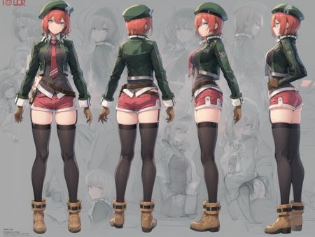 best quality, (masterpiece:1.2), illustration, absurdres,
(1girl, solo), (beautiful detailed girl), full body shot, (turnaround:1.4), multiple views, front view, side view, back view,
<lora:Noel2-07:1> Noel Seeker, red hair, blue eyes, small breasts,
green_headwear, green_jacket, grey_undershirt, red_necktie, (red_shorts), black_thighhighs, brown_boots, brown_gloves,