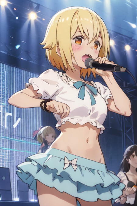 ,Sunao_Nako, 1girl, blush, blonde hair, orange eyes, hair flaps, bangs, skirt, shirt, hair between eyes, swimsuit, white shirt, short sleeves, bikini, frills, puffy sleeves, puffy short sleeves, blue skirt, crop top, looking at the viewer, dancing, sing