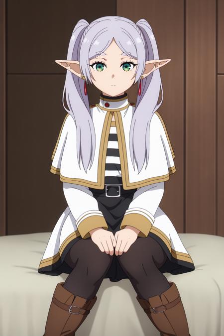 ((best quality)),((highly detailed)),masterpiece,absurdres,detailed face,beautiful face,(detailed eyes, deep eyes),1girl((dynamic pose)),  <lora:FrierenV1:0.7>, Frieren, pointy ears, twintails, solo, sitting, elf, long hair, boots, pantyhose, green eyes, white hair, looking at viewer, striped shirt, white capelet, striped, long sleeves, black pantyhose, full body, brown footwear, expressionless, bangs, closed mouth, dress, jewelry, parted bangs, earrings, shirt