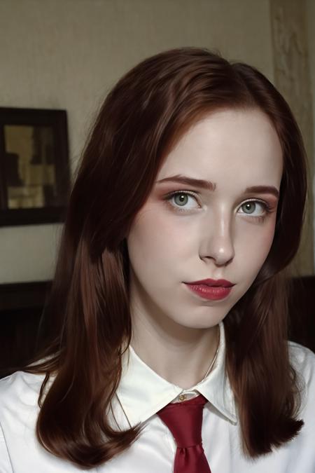 Сhuvydla Сhuvydla, long hair, brown hair, ((pale skin:1.3), makeup,