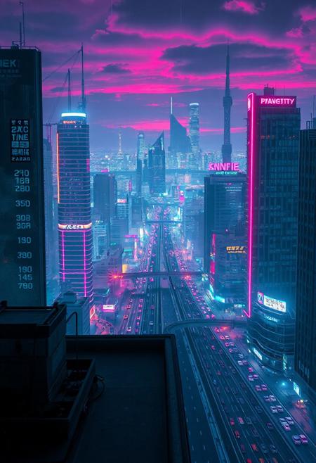 Digital city, megalopolis, future, retrowave, cyberpunk, neon, rooftop, city in the distance, highways, neon, lights,