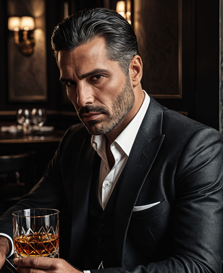 Smooth Quality,Semi-realistic digital painting illustration of a sophisticated, mature italian mafioso man with dark gelled-back short
 hair and cold hazel eyes. His style is european and tasteful. His features are manly, with a sharp jawline and dark 
stubble. He is sitting in an italian restaurant, holding a glass of whiskey. His lips are turned in a sneer.
 He has frown lines. He doesn't look relaxed, his lifestyle making his ever vigilant. He has eye-bags. He is confident
 and highly sexually attractive. (Masterpiece, cinematic lighting, hyper-detailed, photorealistic, modern European 
aesthetic, sophisticated elegance, luxury apartment, atmospheric, high contrast, sharp focus, soft natural light,
 moody shadows, refined, intellectual, prestige aesthetic, 4K ultra-high definition, composed expression, quiet authority,
 tailored fashion, milan style.),<lora:clear:1>