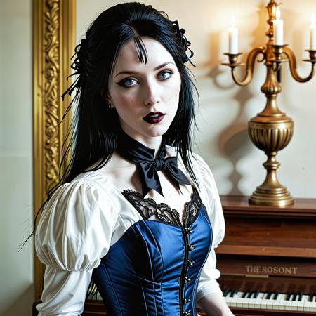 pale beauty, (close up analogue photo) of a beautiful 20 years ((Goth)) woman with ((black hair)) and (((pale skin))), <lora:Brenna_SDXL:0.8>, <lora:Pale_Beauty:0.2>, she has white makeup, dark lipstick and eyeshadow, ((pale skin)), (blue eyes) woman, ((oval face)), black haired woman ,A goth woman in a baroque waistcoat and lace jabot stands at a weathered piano in a candlelit ballroom, dust motes dancing in the golden air as she lays one gloved hand on yellowed keys., Goth hair with bangs,,low light, soft natural light, Rembrandt style light, Hasselblad DLSR camera, 200mm Zeiss lens, f/2.8, ,Sexy pose, erotic pose, exhibitionism ,Bustling town square