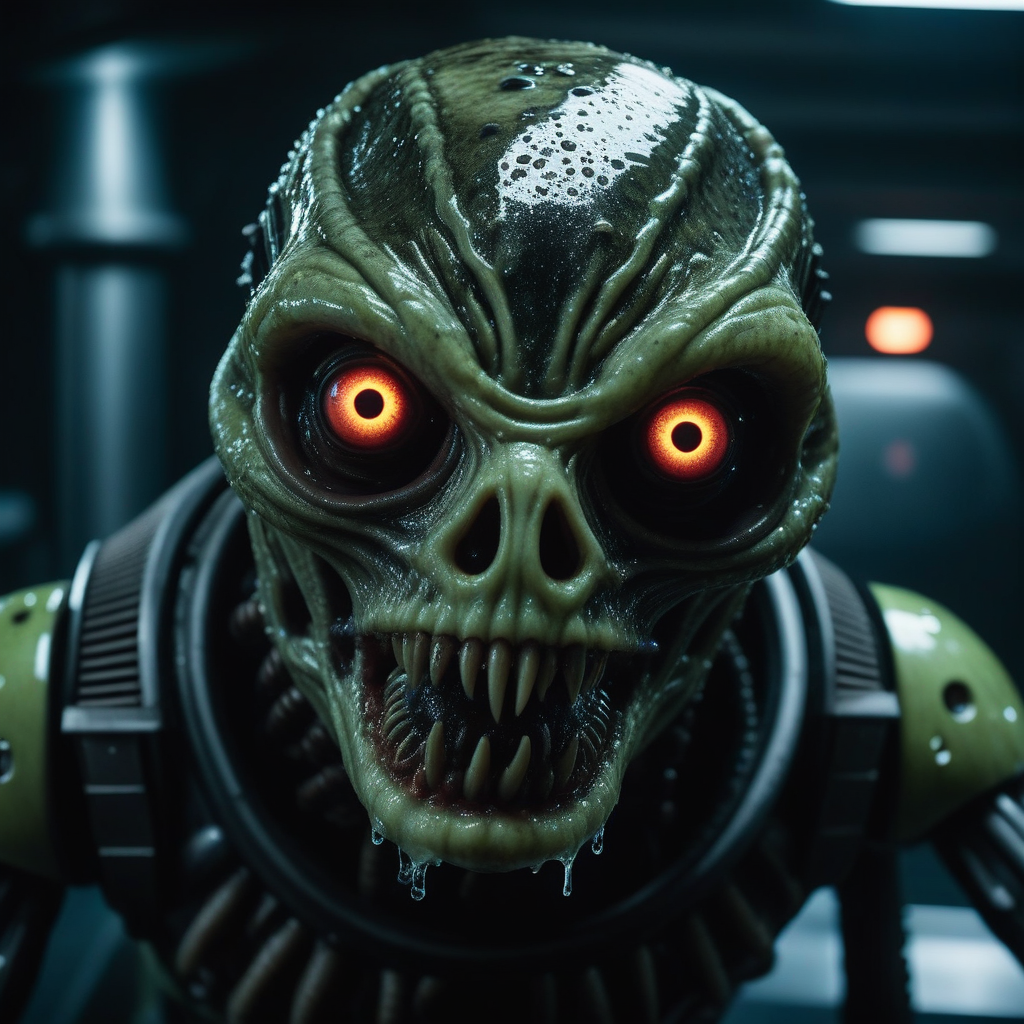 portrait of an evil organic creepy slimy [robot|alien], scary, nightmare fuel, indoors, spaceship interior, dark, evil eye...