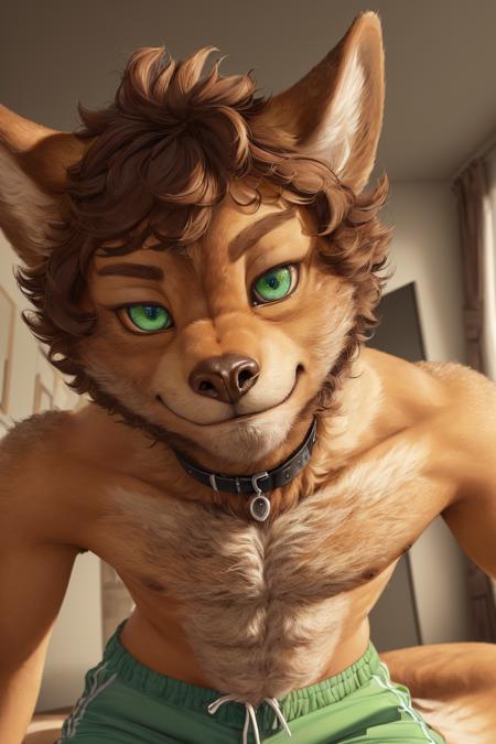 (alien humanoid:1.4), (alien:1.3), (humanoid features:1.3), (human features:0.6), high res, (detailed realistic image:1.4), (detailed eyes, beautiful expressive eyes, green eyes:1.2), impasto impressionism, insane details, soft, (hyper realistic fur:1.3), (detailed fur:1.2), pupils, (fur covered body:1.2), (male:1), (canine features:0.5), (expressive face, detailed face:1.3), (realistic:1.3), (photorealistic, photo-realistic:1.2), full color, (3d:1), (highly detailed:1.2), masterpiece, 8k uhd, (seductive, bedroom eyes, seductive smirk:1.2), (bedroom background), cinematic lighting, (looking at viewer), (collar:1), (first person view), (brown hair, scraggy hair:1.3), (tan colored fur:1.3), nipples, belly button, (canine teeth:0.8), (full-length portrait:1.3), (athletic:1), (slightly chubby:0.8), masculine, (shorts)