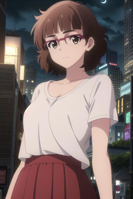 recreatorsmarine, <lora:recreators marine s1-lora-nochekaiser:1>,
marine, short hair, brown hair, (brown eyes:1.3), glasses, mole, mole under eye, bangs, blunt bangs,
BREAK skirt, shirt, white shirt, short sleeves, pink skirt, collarbone,
BREAK outdoor, city, night, sky, buildings, moon, clouds,
BREAK looking at viewer, (cowboy shot:1.5),
BREAK <lyco:GoodHands-beta2:1>, (masterpiece:1.2), best quality, high resolution, unity 8k wallpaper, (illustration:0.8), (beautiful detailed eyes:1.6), extremely detailed face, perfect lighting, extremely detailed CG, (perfect hands, perfect anatomy),