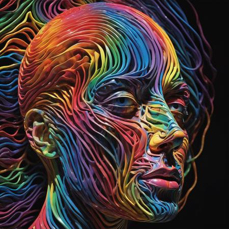abstract rainbow color artificial human head head sculpture isolated on black background, in the style of casey weldon, undulating lines, fluid lines