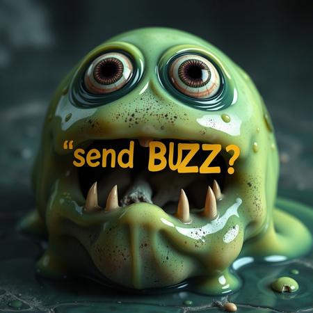Hyper realistic style, living acid monster glob slime with bones inside it that makes the following phase: 'send BUZZ' with high focus on text. (High quality textures and colors), big eyes and sharp uneven teeth.
