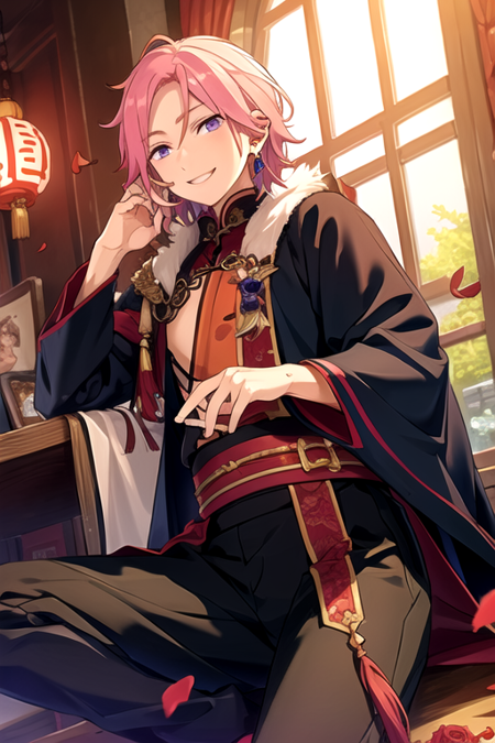 <lora:KohakuES-08:0.7>,kohakues, solo, looking at viewer, smile, short hair, shirt, long sleeves, 1boy, holding, jewelry, sitting, purple eyes, pink hair, flower, male focus, earrings, pants, parted bangs, fur trim, petals, window, rose, chinese clothes, red flower, tassel, rose petals, lattice