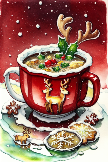 <lora:ChristmasFood:0.8> ChristmasFood, Reindeer in a soup mug, partially submerged, ice, frost, reflection, snow, traditional media, red theme