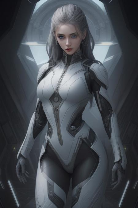 image of a woman she is a goddess, dressed in futuristic military gear. overall dystopian cosmic look. She has blue eyes.
