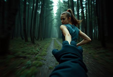 a photograph, found footage style, subject is a woman wearing running clothes running through a dark forest, seen from the point of view of someone chasing her, looking back over her shoulder at the viewer with a panicked and fearful expression, motion blur focus on a subject, close up view, viewer POV a gloved hand reaching for the woman, 1/25 s, f/2.8, 6400 ISO, 35mm film