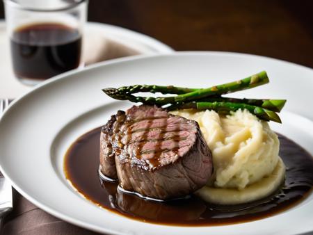 RAW photo, closeup on subject, side view, perfect cut of fillet mignon, cooked rare, dark caramelization, au jus, side of mashed potatoes, side of grilled asparagus, all sitting on a white china plate, steam rising from the food, food photo, DSLR, soft lighting, high quality, film grain, Fujifilm XT