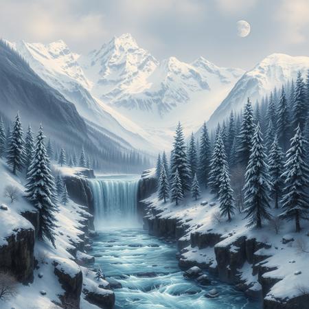 Medieval, D&D, contrast, a snowy mountain range, a half frozen waterfall, a fast flowing river and snowy forests