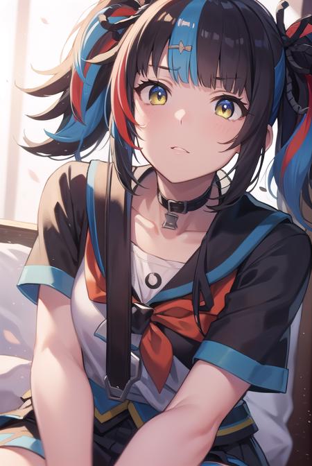 sei shounagon, aqua hair, black hair, blunt bangs, multicolored hair, red hair, twintails, (brown eyes:1.5), black sailor collar, black shirt, black skirt, choker, pleated skirt, puffy sleeves, sailor collar, shirt, skirt, bow, red bow,