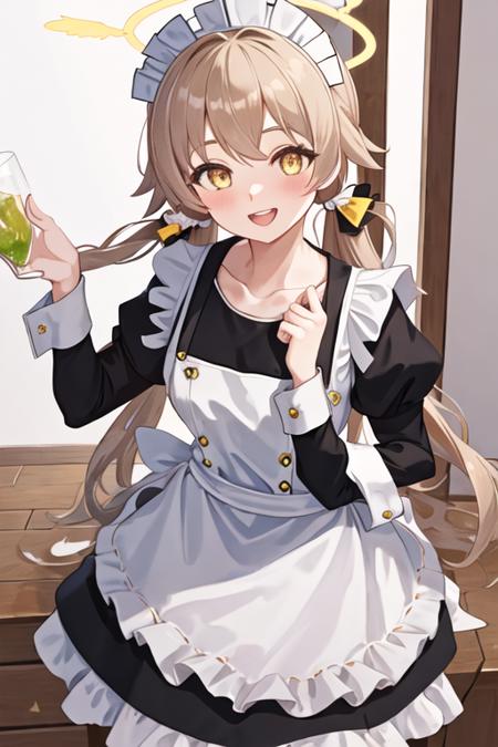 best quality, masterpiece, highres, solo, {maid:1.40}, {long maid dress:1.15}, {hifumi_bluearchive:1.15}, long_hair, twintails, low_twintails, halo, yellow_eyes, light_brown_hair, blush, open_mouth, bangs, smile, collarbone