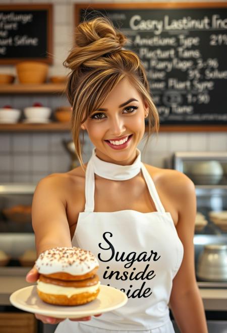 a woman, behind the counter of a bakery, cafe background, offering a creampie donut on a platter. her hair is up in a messy bun with front strands coming down on the side of her face. The girl is wearing nothing but a high neck skimpy apron. (((Her apron has text that reads aSugar insidea))). she smiles seductively, naughty open smile