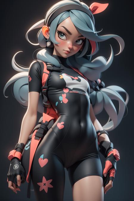 3dmm style,(masterpiece, best quality), intricate details, 1girl, solo, <lora:SaitouV1:0.8> bea \(pokemon\), bow hairband, print shirt, tied shirt, black bodysuit, bodysuit under clothes, single glove, print shorts, knee pads, barefoot, cowboy shot, looking at viewer, masterpiece, best quality,