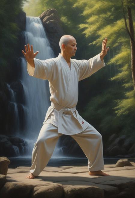 a Caucasian Zen practicing tai chi, wearing a judogi, in Yang position, sunny exterior, forest and waterfall background, 16k, masterpiece, highly detailed photo-realistic oil painting by Greg Rutowski, cinematic lighting