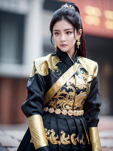 feiyu_clothes, black fabric, gold embroidery,  black bracer with golden embroidery,  high ponytail, depth of field, night cityscape, (1girl:1.6),   ulzzang-6500v1.1, (original: 1.2), (realistic: 1.3) , beautiful girl with beautiful details, extremely detailed eyes and face, eyes with beautiful details, absurd, incredibly absurd, huge file size, ultra detail, high resolution, ultra detailed, best quality, masterpiece, illustration, ultra detailed and beautiful, ultra detailed, CG, unity, 8k wallpaper, amazing, fine Detail, masterpiece, top quality, official art, extremely detailed CG unity 8k wallpaper, cinematic lighting, (perfect shiny skin:0.6), slim and smooth lines, (floating), (small breasts:1),  earrings , <lora:Feiyu_clothes_v1:0.8> <lora:koreanDollLikeness_v15:0.2>