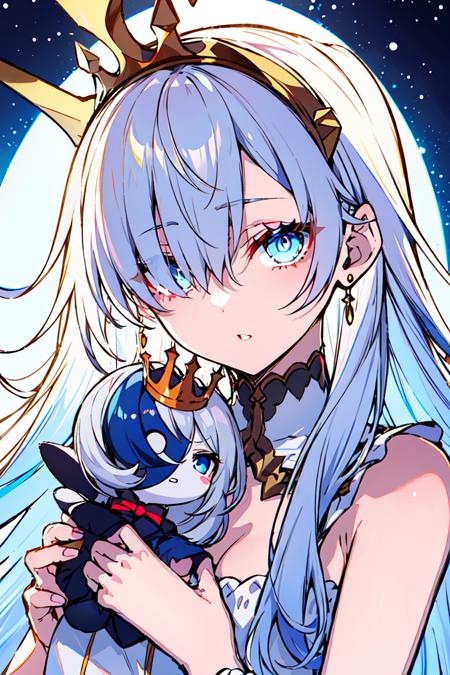 <lora:Toosaka Asagi:0.8>1girl, anastasia (fate), long hair, solo, blue eyes, hairband, looking at viewer, holding, very long hair, dress, mini crown, jewelry, bangs, white hair, hair between eyes, doll, crown, hair over one eye, parted lips, white dress, holding doll