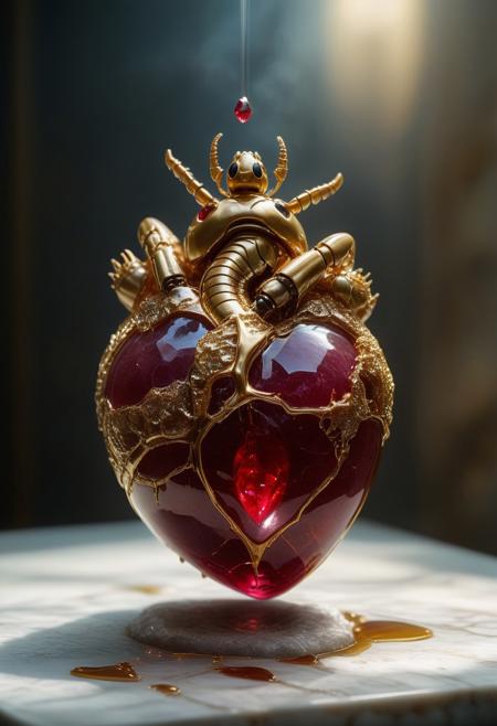 improved cinematic photo, 35mm photograph, film, professional, 4k, highly detailed,
A ruby fragment enclosing a Human Heart,
The ruby fragment is a smooth, slightly irregular sphere, roughly the size of a marble, with a warm golden-brown hue. the ruby heart is dripping crimson blood. The blood spells out the word "BUZZ" on the surface below it. The ruby heart's surface is polished, gleaming softly under light, revealing a mesmerizing play of golden, honey, and orange tones. Tiny air bubbles and organic inclusions are scattered throughout, lending it a sense of antiquity and natural complexity.
Inside, a perfectly preserved Human Heart lies suspended in time, its delicate body encased in the translucent ruby.
Around the Human Heart, subtle striations and minute organic fragments, possibly plant material or dust, create a vignette that frames the insect. The ruby's clarity varies in places, with some sections slightly cloudy, further accentuating the Human Heart as the focal point. The fragment feels timeless, a tiny time capsule offering a glimpse into a prehistoric world millions of years ago