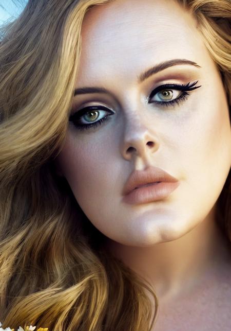 adele, (sharp focus:1.2), portrait, attractive young woman, (beautiful face:1.1), detailed eyes, luscious lips, (eye makeup:1.2), (tight body:1.2), (blonde hair:1.2), wearing (flowery dress:1.2) at (the beach:1.2). (morning sun lighting:1.2), depth of field, bokeh, 4K, HDR. by (James C. Christensen:1.2|Jeremy Lipking:1.1).