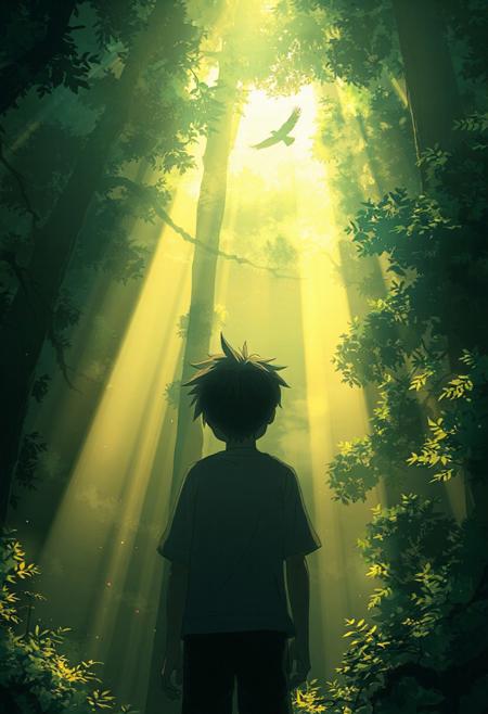 Vertical 9:16 cinematic anime scene, dramatic view from inside a dark forest, sunbeams breaking through dense mist, anime boy looking upward at a distant bird flying through glowing light, strong detailed textures, emotional awe and mystery, pastel and vibrant greens and golds.
