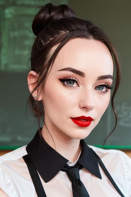 photo of forestnymph-2020:0.99, a woman, ((black hair, hair up, hair in bun):1.2), ((closeup, portrait)), ((classroom, chalkboard):1.3),((red lipstick, eyeliner, eye shadow):1.2), ((white shirt, necktie, skirt)), perfect hourglass figure, ((best quality, masterpiece, extreme details):1.2), ((beautiful eyes, detailed eyes, detailed face, beautiful face):1.2)