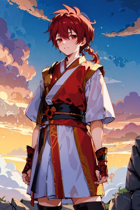 Shizumaru Hisame Shizumaru Hisame,1boy,solo,red hair,male focus,red japanese clothes,arms behind back, Shizumaru Hisame,1boy,solo,red hair,short ponytail,male focus,red japanese clothes,hands on hips,upper_body,