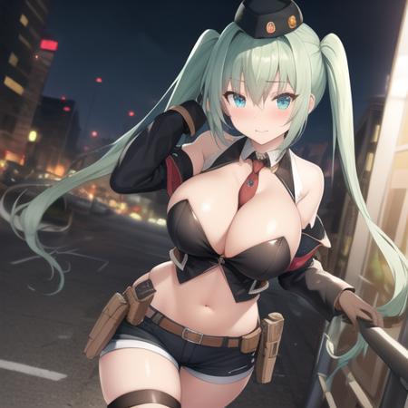 (masterpiece, best quality:1.2),illustration,8k,hd,city,1girl,solo,cowboy shot,micro uzi (girls frontline),aqua eyes,aqua hair,belt,between breasts,black gloves,blush,boots,black thighhighs,cleavage cutout,detached sleeves,eyebrows visible through hair,hair between eyes,hat,holster,large breasts,long sleeves,long twintails,midriff,navel,necktie between breasts,short shorts,twintails,<lora:Micro Uzi(gf)>,