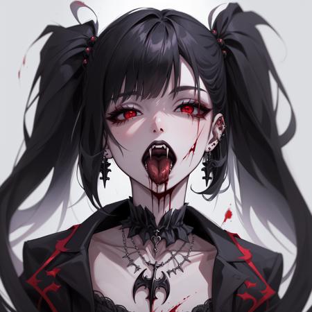 Goth girl 1girl, solo, long hair, looking at viewer, open mouth, black hair, jewelry, red  eyes, earrings, blood, tongue, tongue out, necklace, fangs, piercing, ear piercing, portrait, gothic, white eye sclera, tongue piercing, <lora:Goth_girl-v1.5:0.8>,