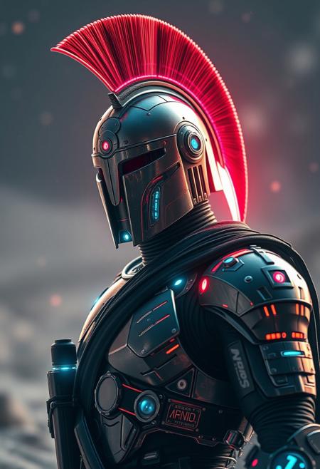 spartan warrior 3000 years in the future, cyberware, implants, neon,futuristic