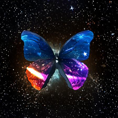 <lora:star_xl_v2:1>,
a butterfly with a colorful wing is shown in the dark sky with stars and a bright light coming from the wing, solo, outdoors, wings, sky, no humans, bug, butterfly, nature, scenery, forest, flying, sunset, silhouette, butterfly wings, cloud, star \(sky\), starry sky, pillar, The image showcases a vividly colored butterfly with wings that appear to be made of a translucent material, revealing a cosmic scene within. The wings are predominantly blue with hints of pink and orange, reminiscent of a galaxy or nebula. The background is dark, possibly representing a night sky or a rocky surface, and is adorned with sparkling stars and a bright shooting star. The butterfly's body is black, contrasting sharply with the vibrant wings., image, translucent material, cosmic scene, galaxy or nebula, dark background, sparkling stars, bright shooting star