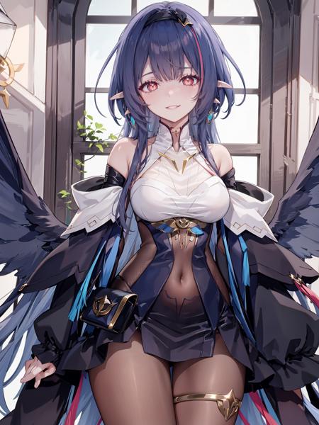 blue hair, pointy ears, bangs, detached sleeves, bare shoulders, long hair, hairband, pantyhose, gloves, earrings