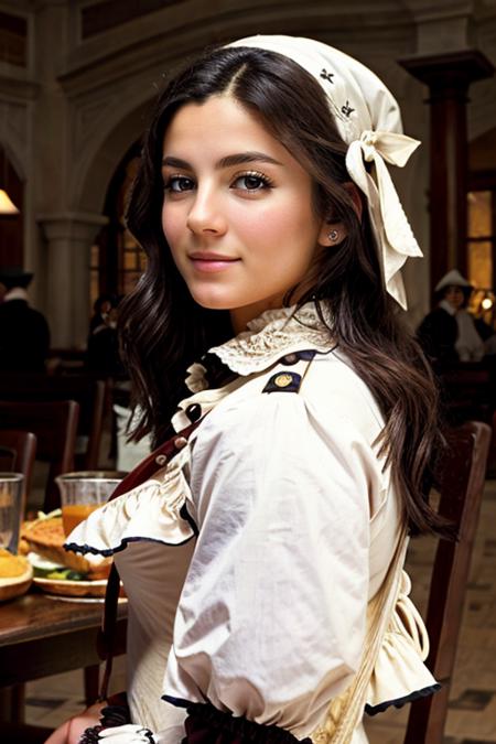 pilgrim costume ,  cafeteria , day  <lora:Monica1873Barbaro:1> masterpiece, best quality, detailed face, 1girl, solo, a woman, m1873b,