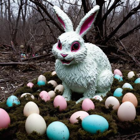The evil Easter bunny is a grotesque creature its once fluffy white fur now matted and stained with blood, Its eyes gleam with malice reflecting the twisted joy it finds in terrorizing its victims, Its long sharp teeth protrude from its snarling mouth ready to tear into flesh, It dwells in an abandoned dilapidated Easter theme park where once cheerful rides now creak eerily in the wind, overrun with overgrown vegetation casting sinister shadows over faded pastel-colored eggs and cracked weather-beaten decorations, The air is thick with the scent of decay mixing with the sickly sweet smell of rotting candy left behind by unsuspecting visitors, Within the decaying confines of the park the evil Easter bunny stalks its prey hiding amongst towering pastel-colored egg sculptures and twisted thorn-covered bushes shaped like Easter baskets, Its lair is a dark labyrinthine warren of tunnels and chambers lined with the bones of those who dared to enter its domain, Despite the once joyful themes of Easter in this twisted reality the holiday is a nightmare with the evil bunny at its center spreading fear and despair with every hop