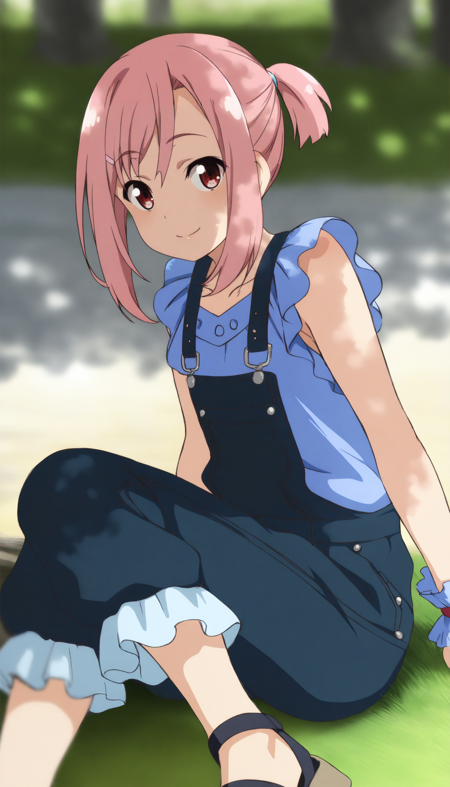 A woman with reddish-brown eyes, pink hair styled with a small ponytail, and a gentle smile sitting down outdoors, looking at the viewer. She is wearing a light blue blouse with ruffled shoulders underneath dark blue overalls with silver buttons and buckles. Bright, dappled sunlight filters through unseen leaves from above, creating patterns of light and shadow across her and the ground. The background is out of focus, showing a dirt path and a patch of green grass with trees in the distance.
