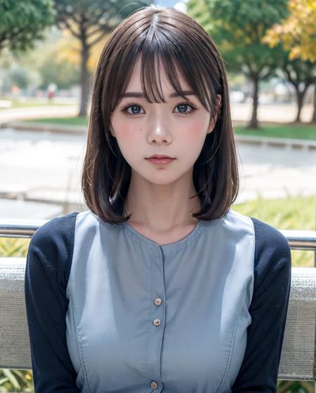 best quality, photorealistic, 8k, high res, full color, 1girl, woman, 20 years old woman, (closed mouth:1.73), (skindentation), (portrait:0.6), trees, park bench, daylight, ((park background:1.52)), full color, ((bluebuttonedshirt:1.78)), looking at viewer:1.8, (1girl eyes looking at viewer:1.55), (medium hair, blackhair, partedbangs:1.45), (bokeh), <lora:AAV-miruV2:0.69>