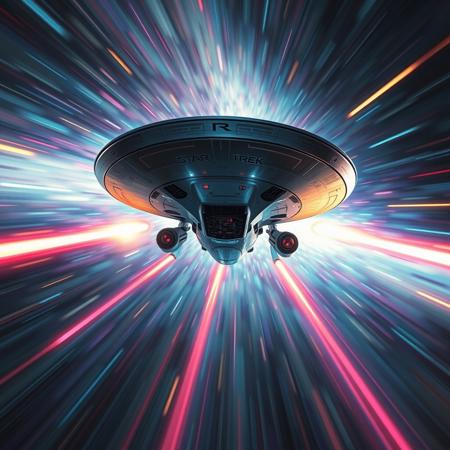 detailed digital image of star trek enterprise  flying towards viewer, firing lasers, motion blur, outer space, neon splash art, masterpiece, vibrant surreal colours