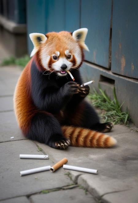 Photo of a red panda taking a cigarette break in a back alley