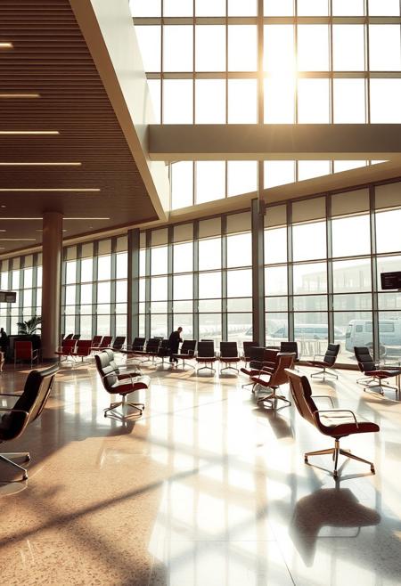 A modern airport waiting area, eames furniture abound, large windows let in a warm winter light, retro modern feel,