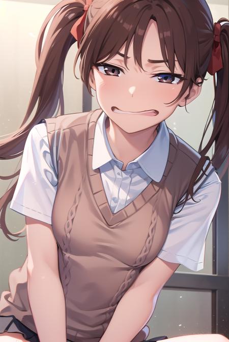 kurokoshirai, <lora:kurokoshirai-lora-nochekaiser:1>,
kuroko shirai, brown hair, long hair, (parted bangs:1.5), (brown eyes:1.7), ringlets, twintails, hair bow, bow, red bow, (small breasts:1.2), <lora:sensualface_type1:1>, open mouth, <lora:wavymouth_type2_v100:1>,
BREAK armband, black skirt, collared shirt, dress shirt, pleated skirt, safety pin, school uniform, shirt, short sleeves, skirt, summer uniform, sweater vest, tokiwadai school uniform, twintails, white shirt, (brown sweater vest:1.5),
BREAK looking at viewer, upper body, fully body,
BREAK indoors, classroom,
BREAK <lyco:GoodHands-beta2:1>, (masterpiece:1.2), best quality, high resolution, unity 8k wallpaper, (illustration:0.8), (beautiful detailed eyes:1.6), extremely detailed face, perfect lighting, extremely detailed CG, (perfect hands, perfect anatomy),