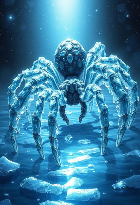 beautiful aesthetic, intricate, a tarantula made of ice, covered in icicles, walking on water, its steps freezes the water, magical aura, fantasy art, peaceful, high fantasy style, mysterious, celestial light, ethereal, painterly, epic, majestic, magical, fantasy art, cover art, sparkling ice, dramatic lighting