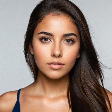best quality, beautiful , 20 year old latina woman, brunette straight hair, (full face portrait:1.2), face portrait, detailed face, dark marine eyes , hyper realistic, (facing camera), (looking into the camera), studio portrait, natural lightning, perfect shadows, (white background:1.1)