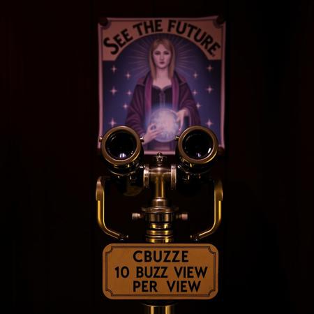 A coin operated stereo telescope binocilars in closed dark room with sign decorated with image of a female oracle holding crystal ball and text "SEE THE FUTURE" and "10 BUZZ PER VIEW"