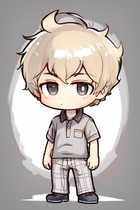 Chibi boy thinking while looking up. He is wearing a cream colored polo shirt and checkered grey pants,  <lora:chibi-XL0.2:1>