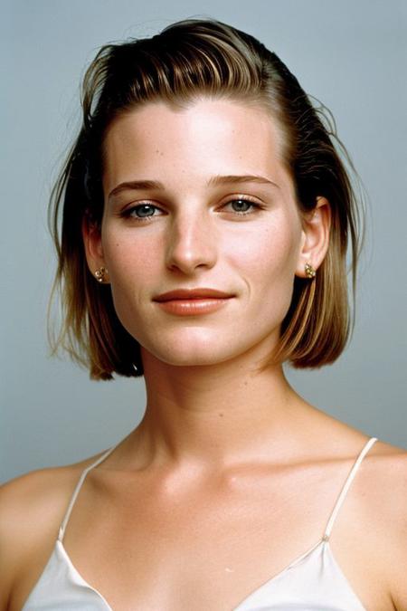 (CR-Bridg3tFonda-v2-summer4love263:0.85), face closeup portrait of young woman, slick undercut hair, oiled shiny skin, grey background, (tilted pose shot:1.0),